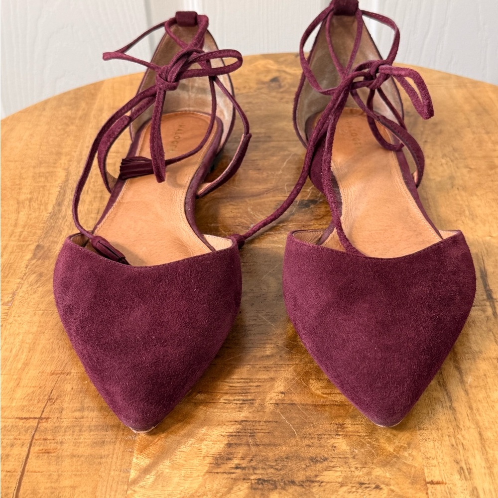 Halogen Burgundy Suede Pointed Lace-Up Flats